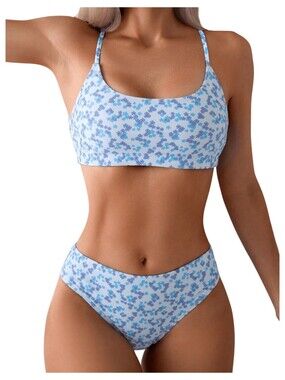 SweatyRocks Blue Floral Bikini Medium High Cut 2 Piece Swimsuit Beachwear